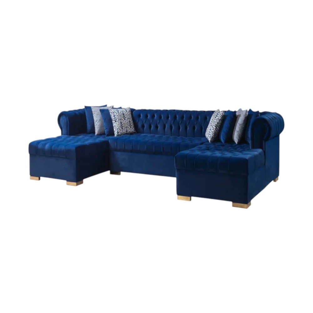 Blue Velvet U Shaped Three Piece Sofa and Chaise Sectional With Toss Pillows HomeRoots