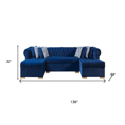 Blue Velvet U Shaped Three Piece Sofa and Chaise Sectional With Toss Pillows HomeRoots