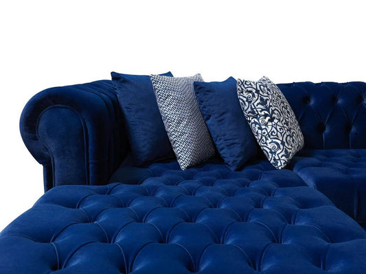 Blue Velvet U Shaped Three Piece Sofa and Chaise Sectional With Toss Pillows HomeRoots