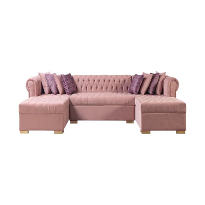 Pink Velvet U Shaped Three Piece Sofa and Chaise Sectional With Toss Pillows HomeRoots