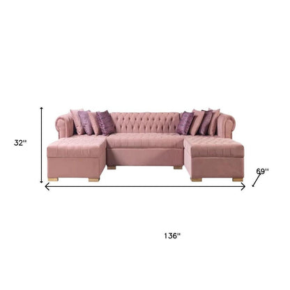 Pink Velvet U Shaped Three Piece Sofa and Chaise Sectional With Toss Pillows - Fluent Trends