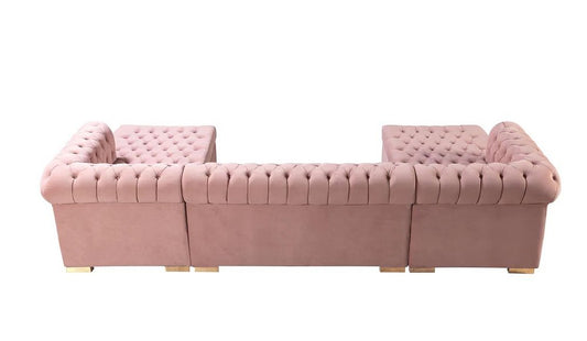 Pink Velvet U Shaped Three Piece Sofa and Chaise Sectional With Toss Pillows HomeRoots