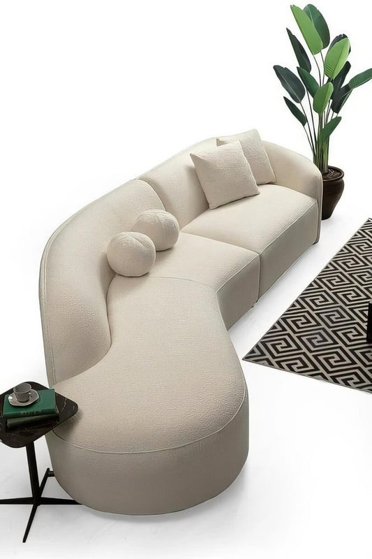 Ivory Boucle Modular Curved Two Piece Sofa and Chaise Sectional With Toss Pillows
