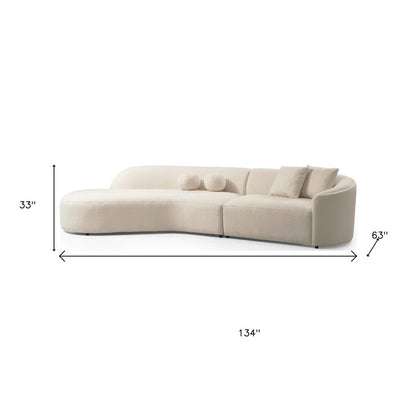 Ivory Boucle Modular Curved Two Piece Sofa and Chaise Sectional With Toss Pillows