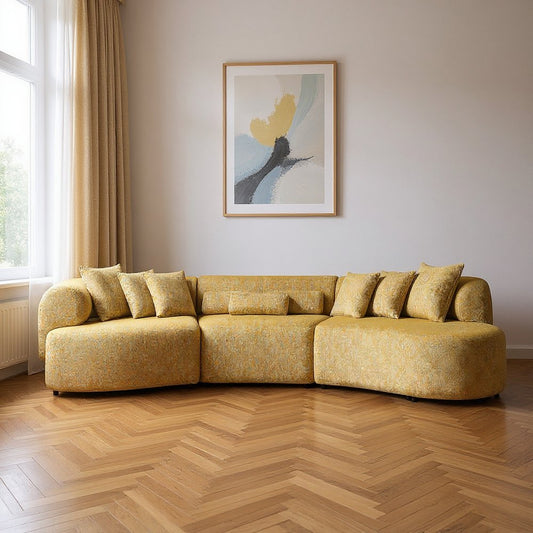 Mustard Boucle Modular Curved Three Piece Sectional With Toss Pillows HomeRoots