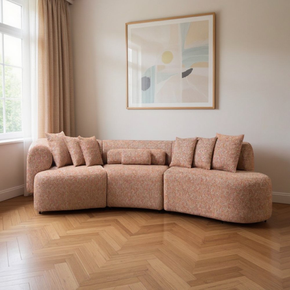 Orange Boucle Modular Curved Three Piece Sectional With Toss Pillows - Fluent Trends