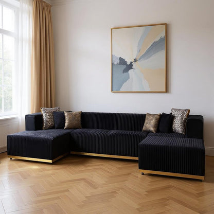 Black Velvet Modular U Shaped Four Piece Sofa and Chaise Sectional With Toss Pillows HomeRoots