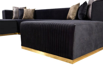 Black Velvet Modular U Shaped Four Piece Sofa and Chaise Sectional With Toss Pillows - Fluent Trends