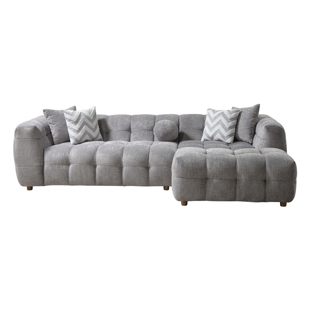 Light Gray Boucle L Shaped Two Piece Sofa and Chaise Sectional With Toss Pillows