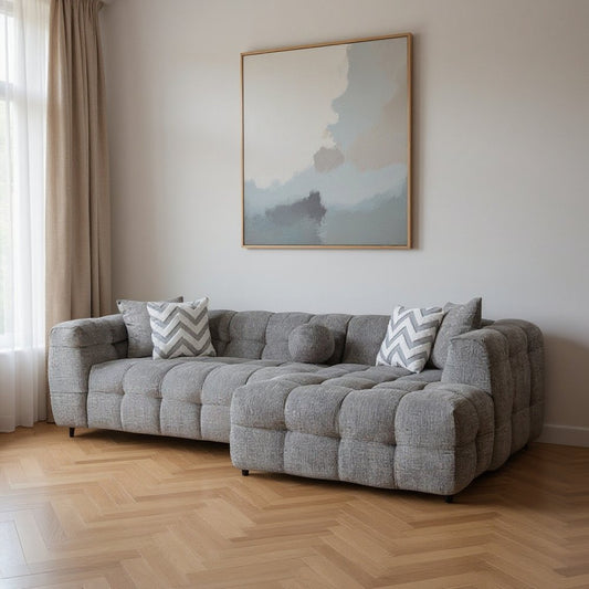 Light Gray Boucle L Shaped Two Piece Sofa and Chaise Sectional With Toss Pillows HomeRoots