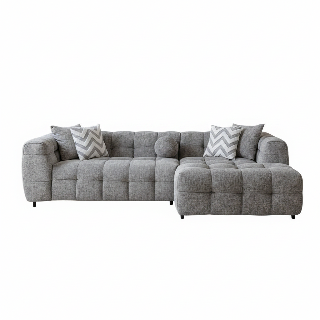 Light Gray Boucle L Shaped Two Piece Sofa and Chaise Sectional With Toss Pillows