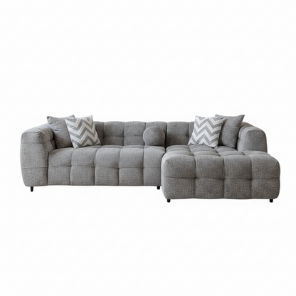 Light Gray Boucle L Shaped Two Piece Sofa and Chaise Sectional With Toss Pillows