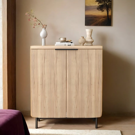 35" Oak Wood Textured Door Accent Cabinet With Two Doors