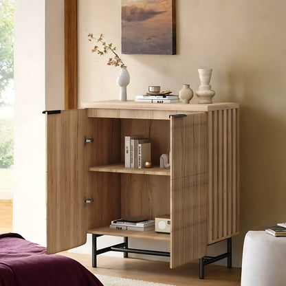 35" Oak Wood Textured Door Accent Cabinet With Two Doors HomeRoots