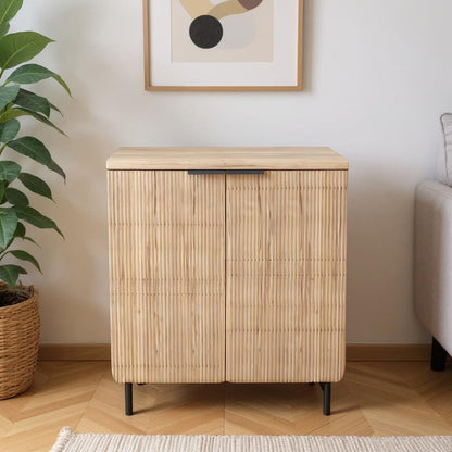 35" Oak Wood Textured Door Accent Cabinet With Two Doors HomeRoots