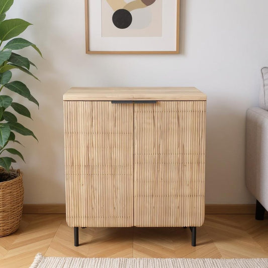35" Oak Wood Textured Door Accent Cabinet With Two Doors HomeRoots