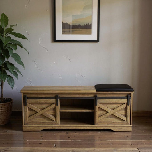 47" Black and Natural Faux Leather And Wood Bench With Shoe Storage And Shelves HomeRoots