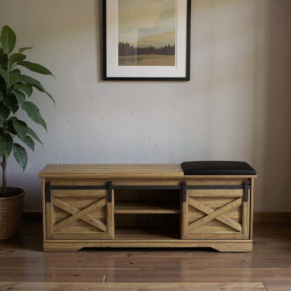 47" Black and Natural Faux Leather And Wood Bench With Shoe Storage And Shelves - Fluent Trends