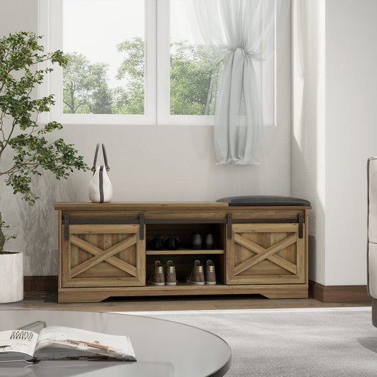 47" Black and Natural Faux Leather And Wood Bench With Shoe Storage And Shelves