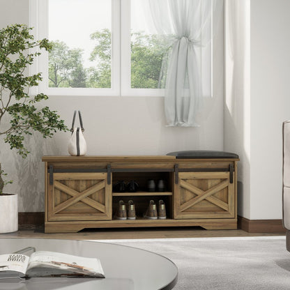 47" Black and Natural Faux Leather And Wood Bench With Shoe Storage And Shelves - Fluent Trends