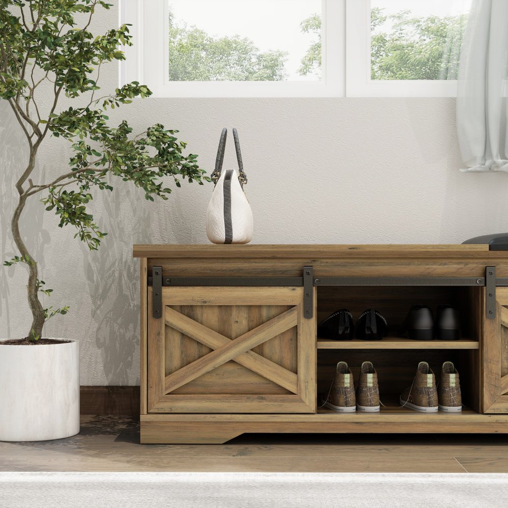 47" Black and Natural Faux Leather And Wood Bench With Shoe Storage And Shelves - Fluent Trends