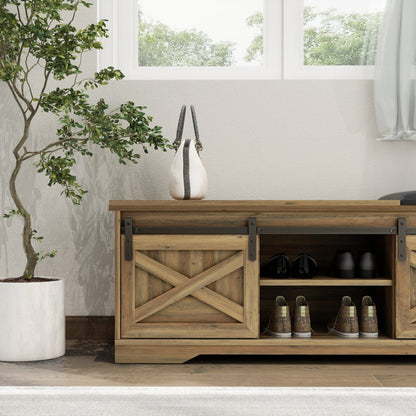 47" Black and Natural Faux Leather And Wood Bench With Shoe Storage And Shelves - Fluent Trends