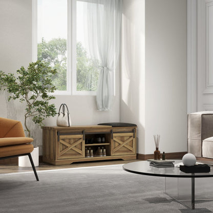 47" Black and Natural Faux Leather And Wood Bench With Shoe Storage And Shelves - Fluent Trends