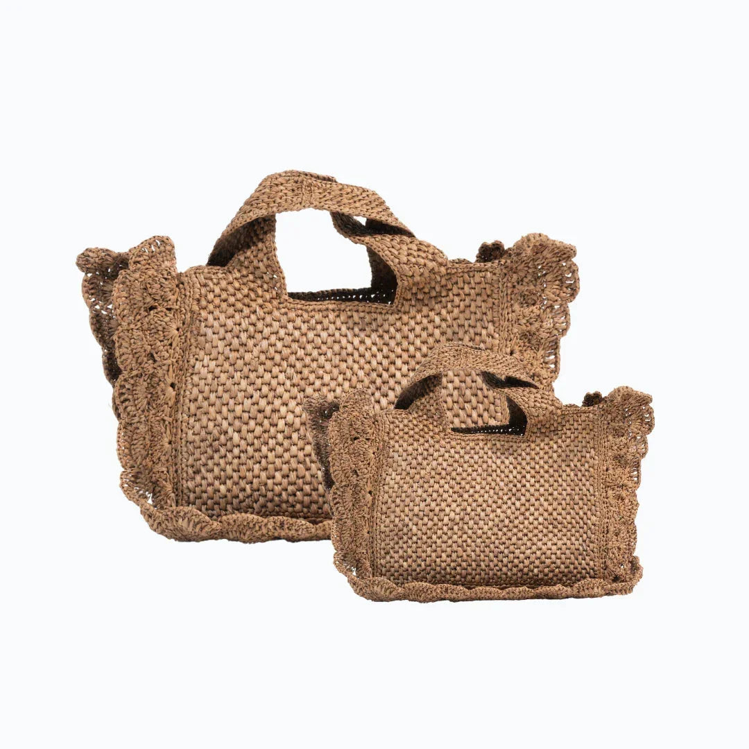 "Woven Floute Handbag with Pom-Pom Trim - Cream Crochet Tote Bag