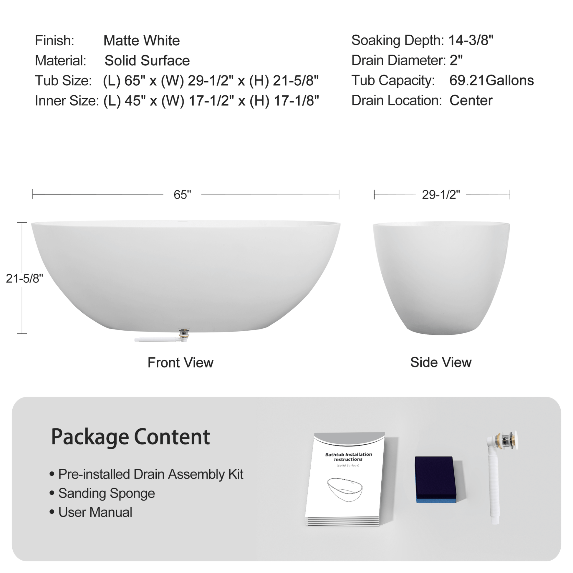 65" Luxury Freestanding Soaking Bathtub With Overflow And Pop-Up Drain (SAK69451) SAKSBY.com
