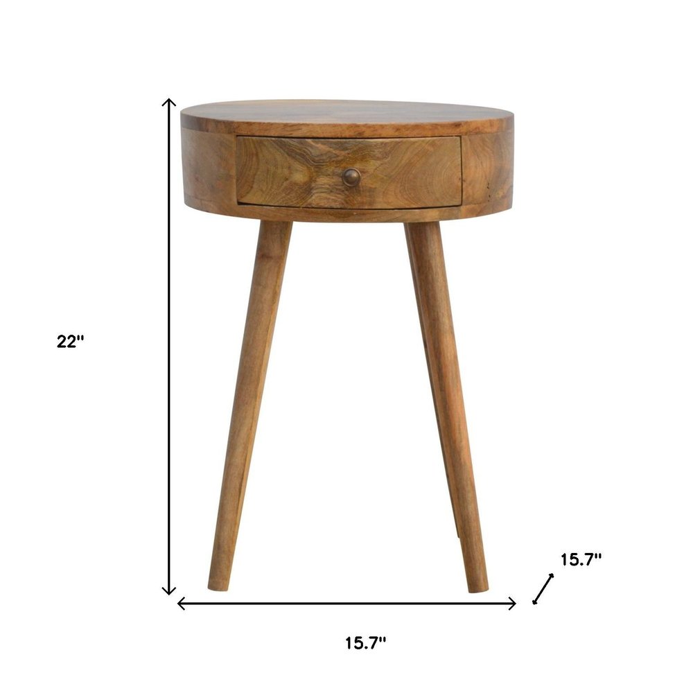 Natural Solid Wood Round Nightstand | One-Drawer Design