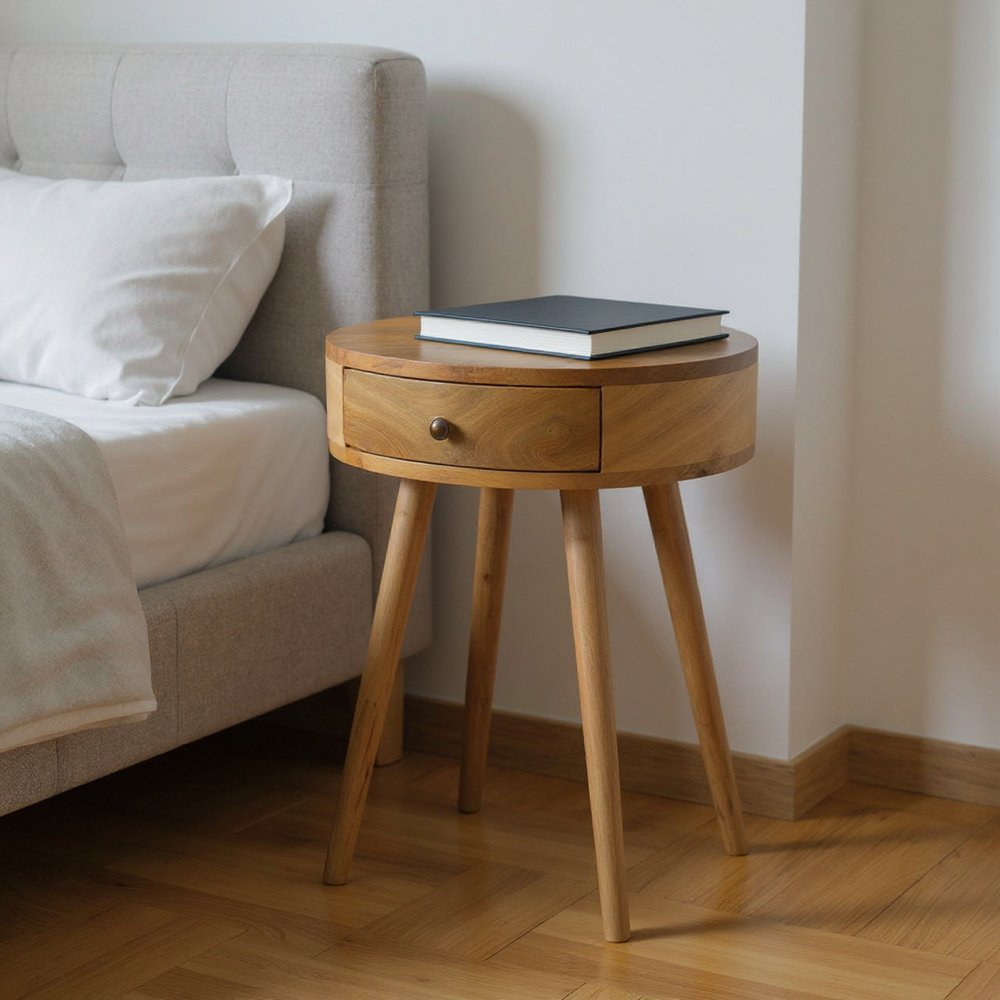 Natural Solid Wood Round Nightstand | One-Drawer Design