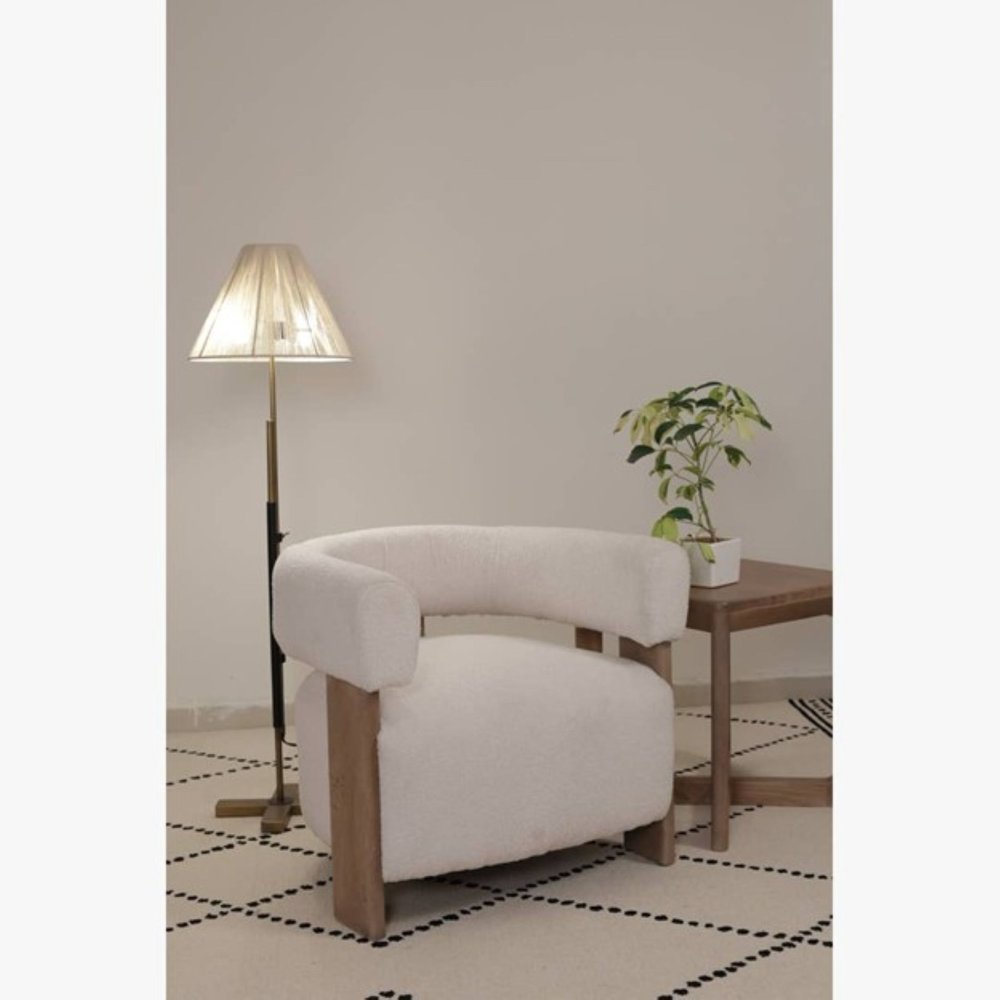 31" White and Brown Boucle and Solid Wood Arm Chair HomeRoots