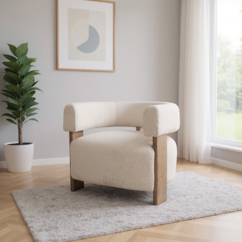 31" White and Brown Boucle and Solid Wood Arm Chair HomeRoots