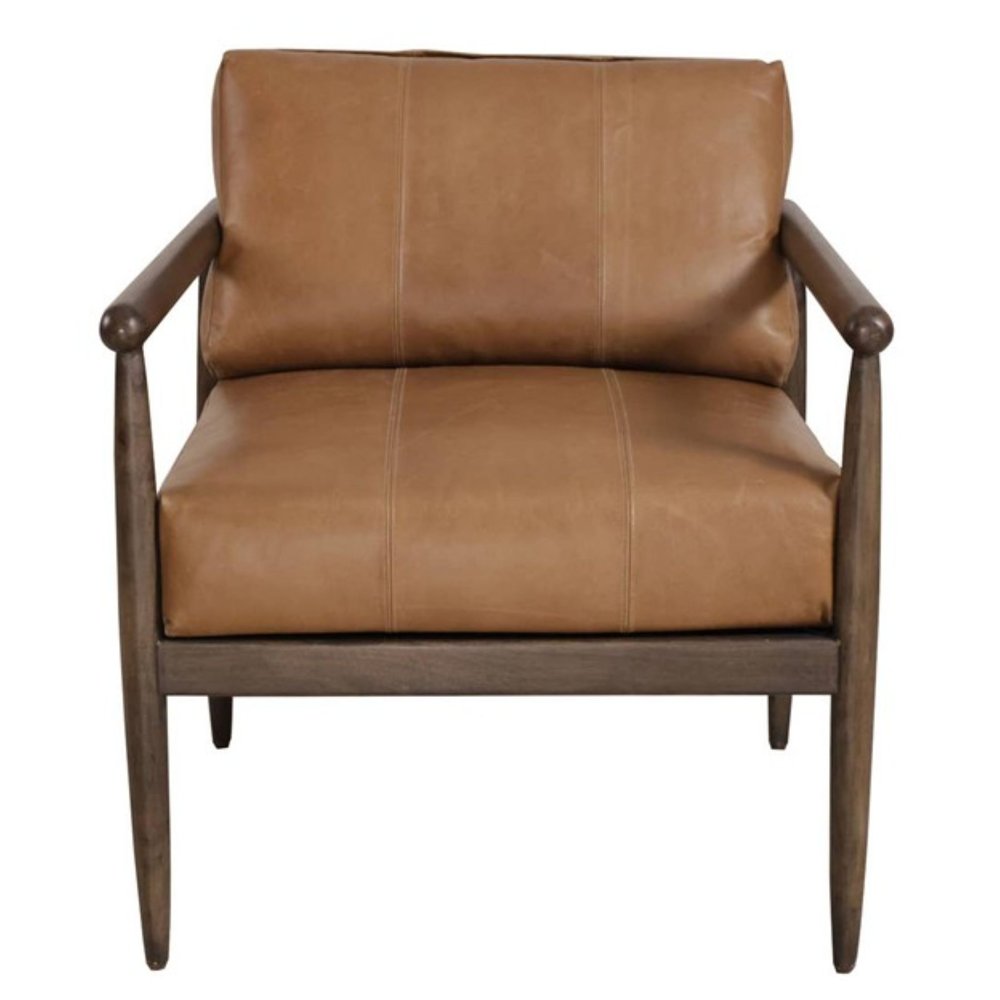 28" Brown Genuine Leather and Solid Wood Arm Chair HomeRoots