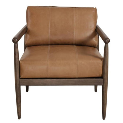 28" Brown Genuine Leather and Solid Wood Arm Chair HomeRoots