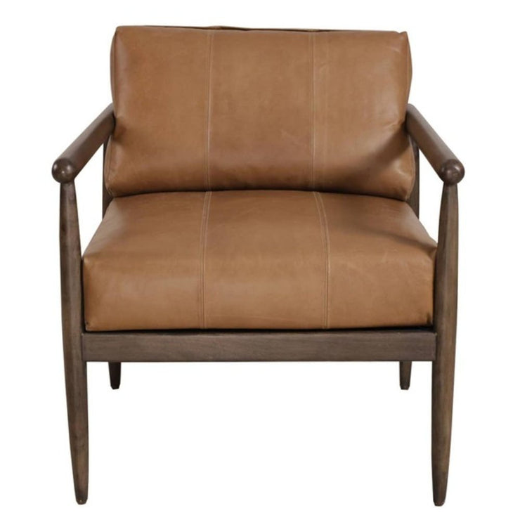 28" Brown Genuine Leather and Solid Wood Arm Chair - Fluent Trends Accent Chairs
