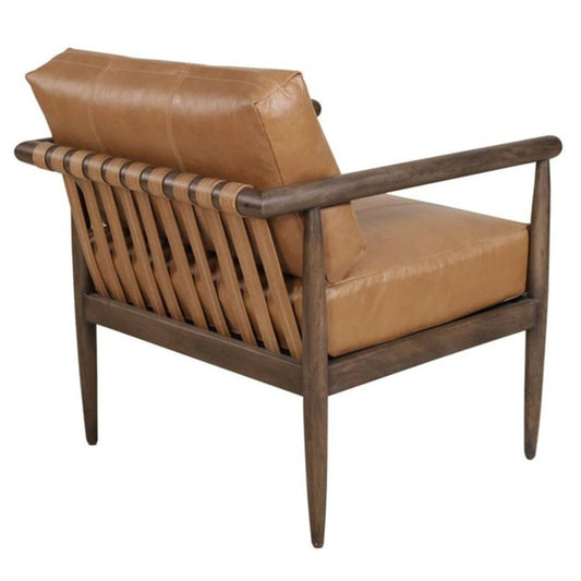 28" Brown Genuine Leather and Solid Wood Arm Chair