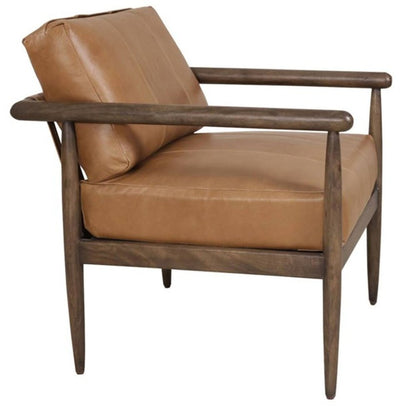 28" Brown Genuine Leather and Solid Wood Arm Chair HomeRoots