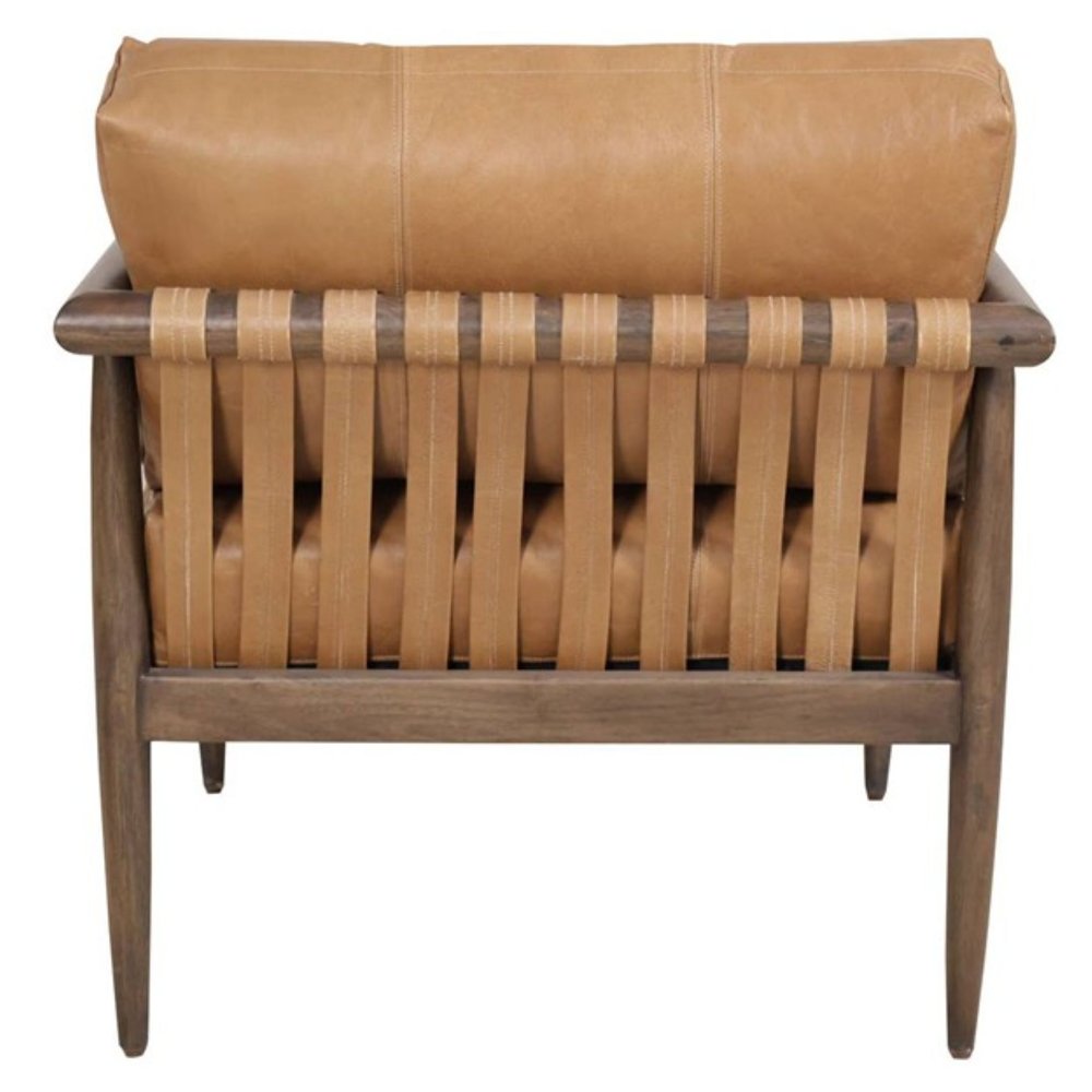 28" Brown Genuine Leather and Solid Wood Arm Chair HomeRoots
