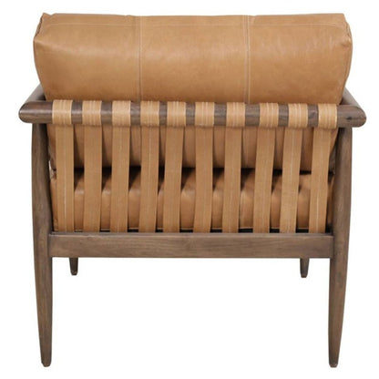 28" Brown Genuine Leather and Solid Wood Arm Chair