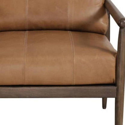 28" Brown Genuine Leather and Solid Wood Arm Chair