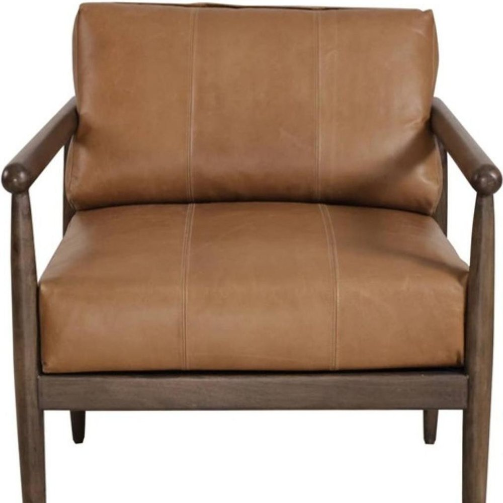 28" Brown Genuine Leather and Solid Wood Arm Chair - Fluent Trends Accent Chairs