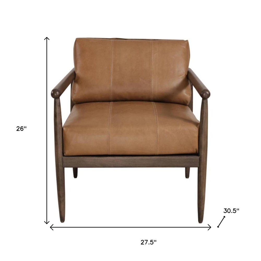 28" Brown Genuine Leather and Solid Wood Arm Chair HomeRoots
