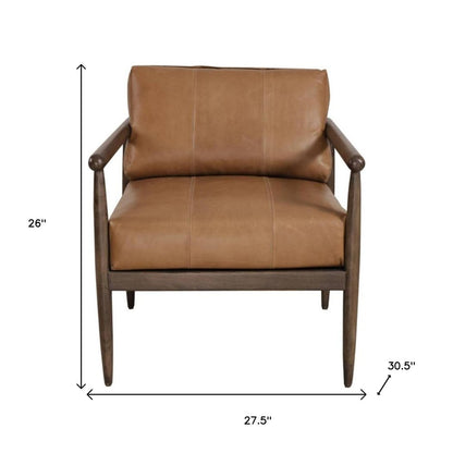 28" Brown Genuine Leather and Solid Wood Arm Chair HomeRoots