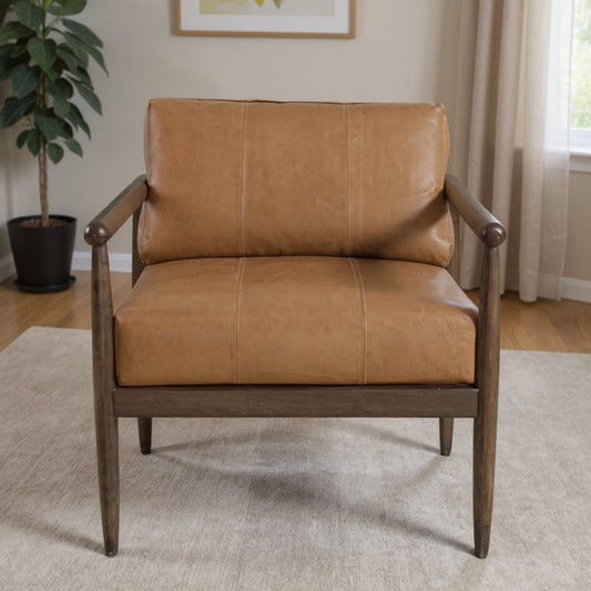 28" Brown Genuine Leather and Solid Wood Arm Chair HomeRoots