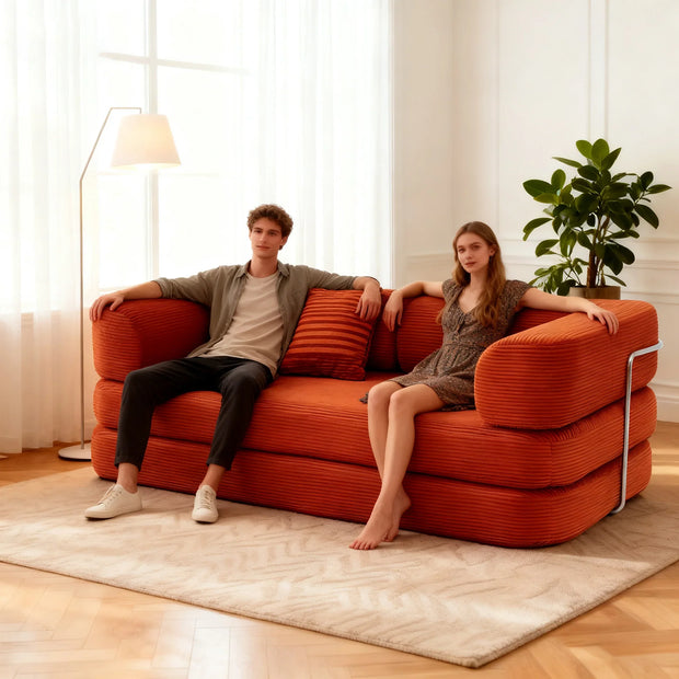 Red Corduroy 5-in-1 Modular Floor Sofa Sleeper Bed, No Assembly - Fluent Trends