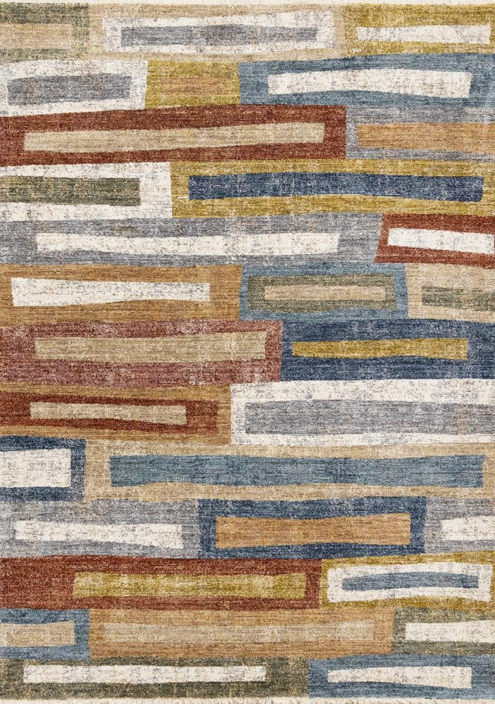 Orange Blue Beige Area Rug | Bold Geometric Pattern