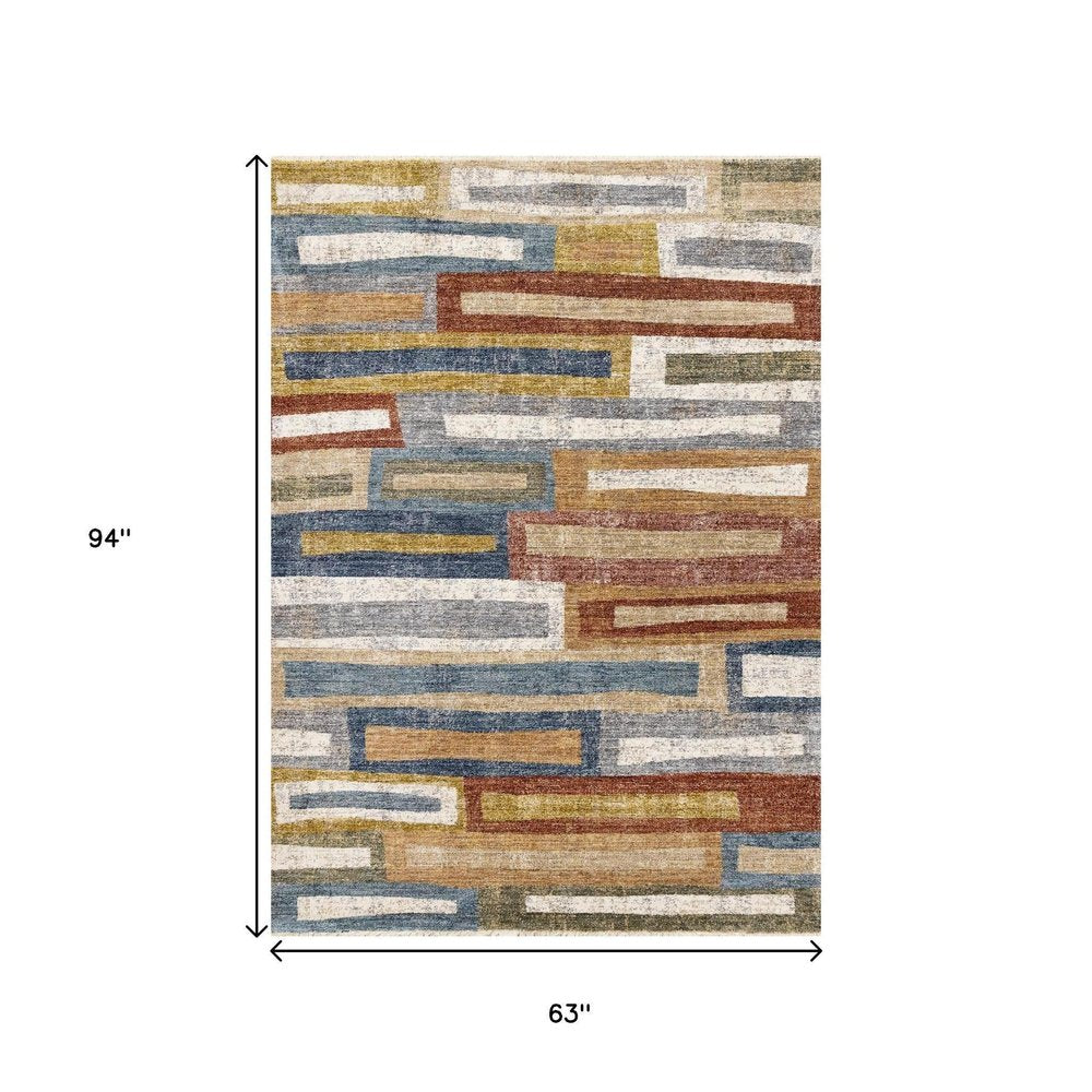 Orange Blue Beige Area Rug | Bold Geometric Pattern