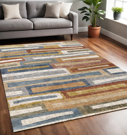 Orange Blue Beige Area Rug | Bold Geometric Pattern