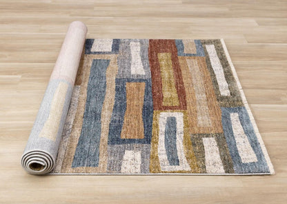 Orange Blue Beige Area Rug | Bold Geometric Pattern